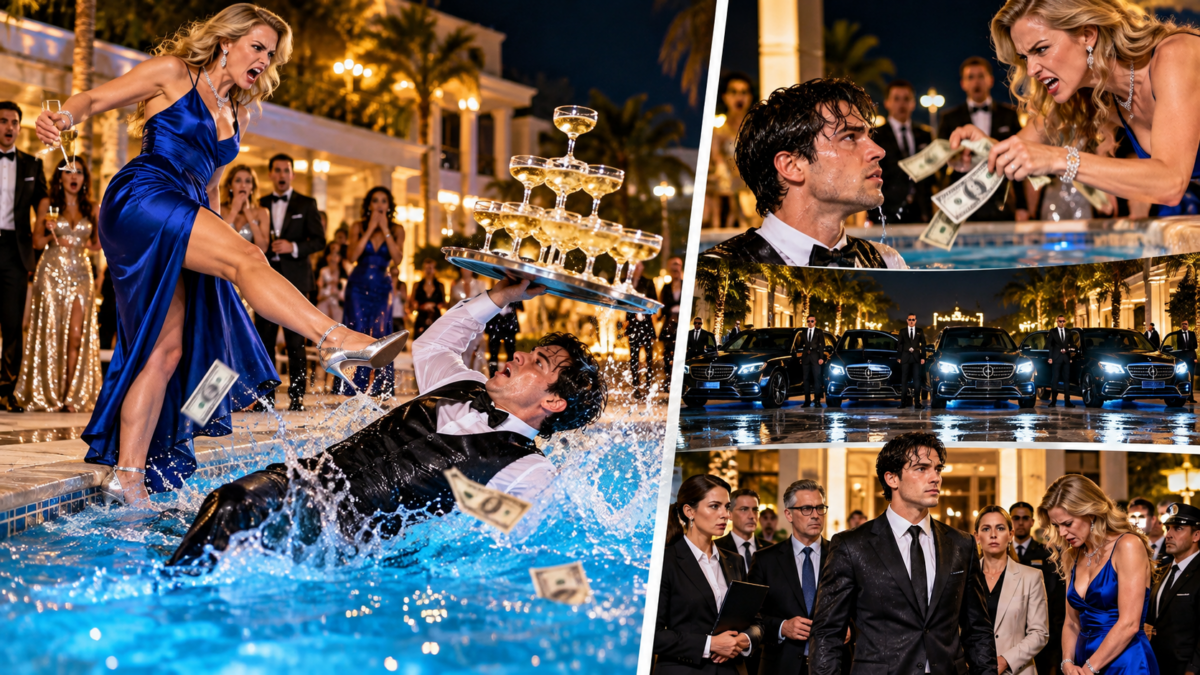 She Kicked a Waiter Carrying a Champagne Tower Into the Pool… Then Five Black Luxury Cars Arrived!