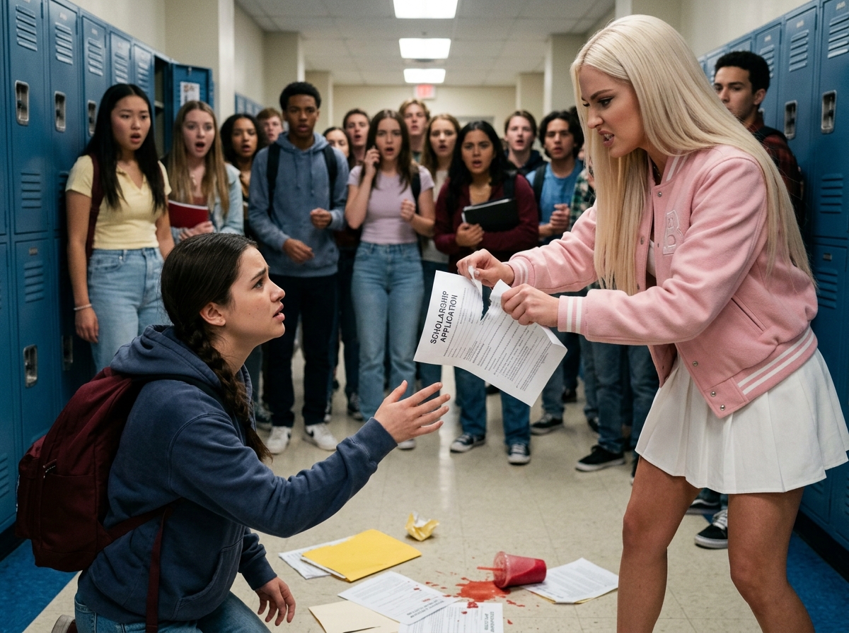 Scholarship student Maya falsely accused of cheating after Brianna destroys her papers in a school hallway