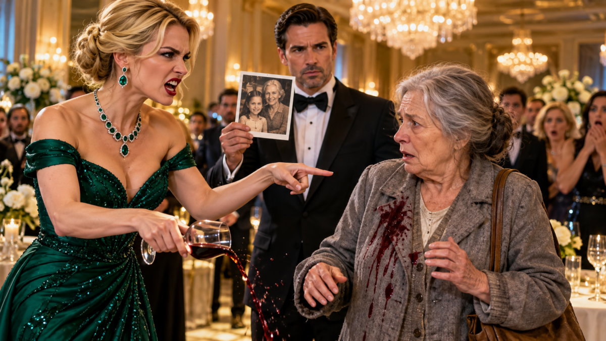 Rich woman humiliates poor woman at a luxury charity gala as an elderly guest stands beside spilled red wine