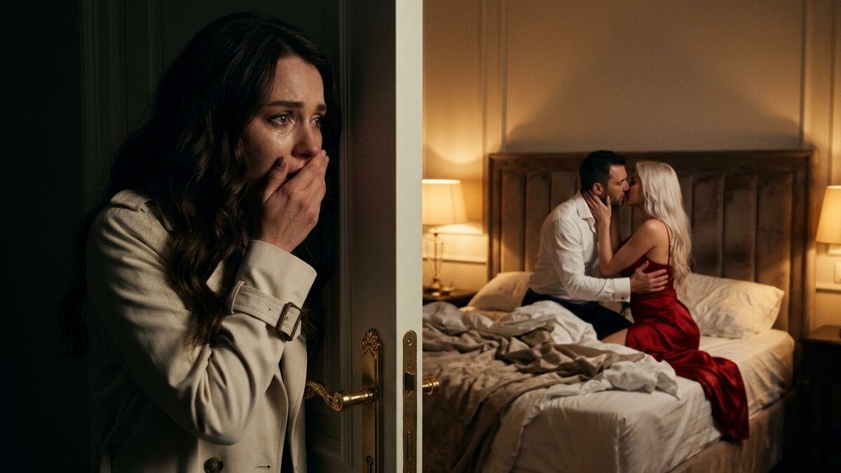 Heartbroken woman discovers her boyfriend cheating through a bedroom door