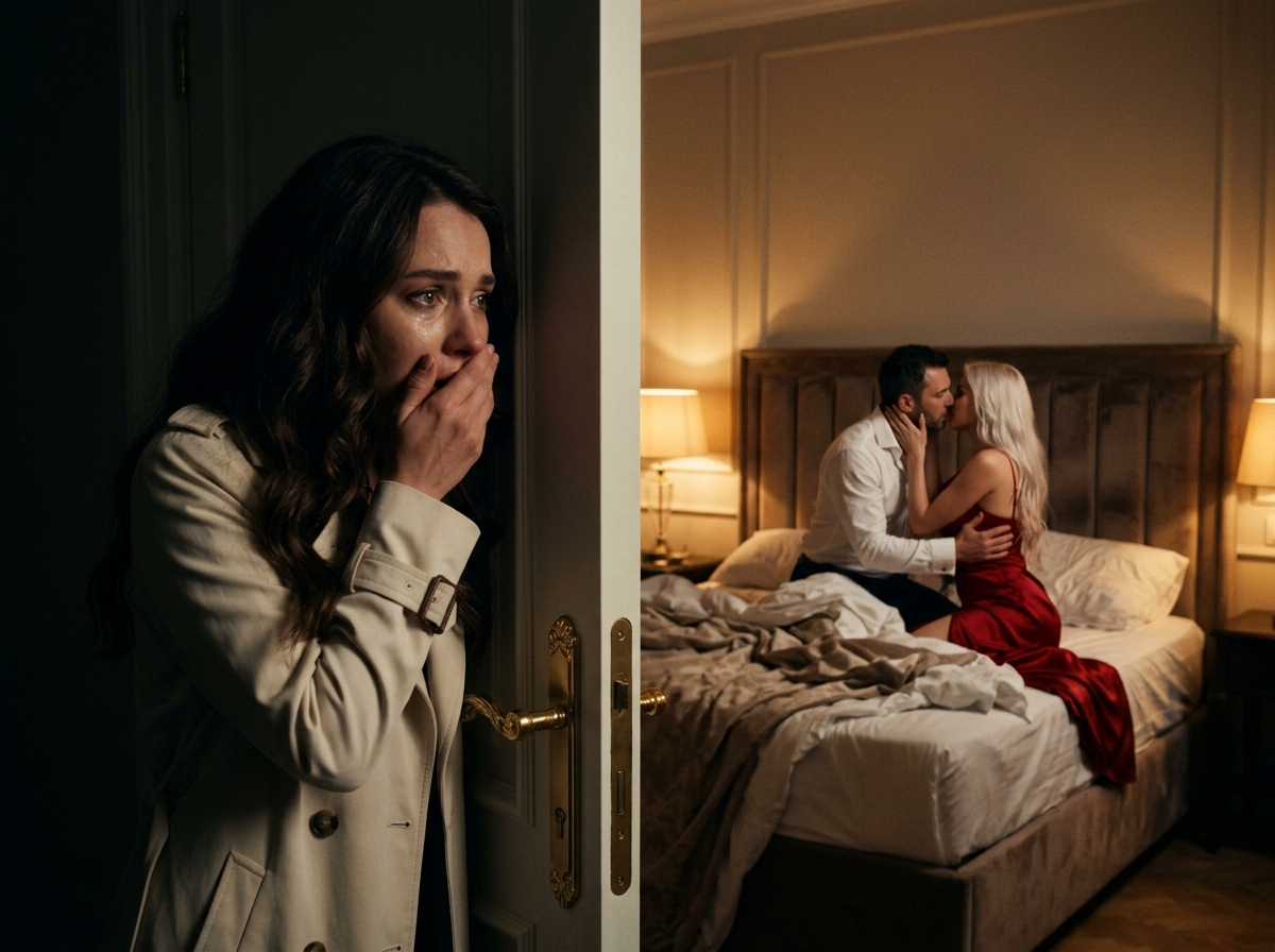 Heartbroken woman discovers her boyfriend cheating through a bedroom door