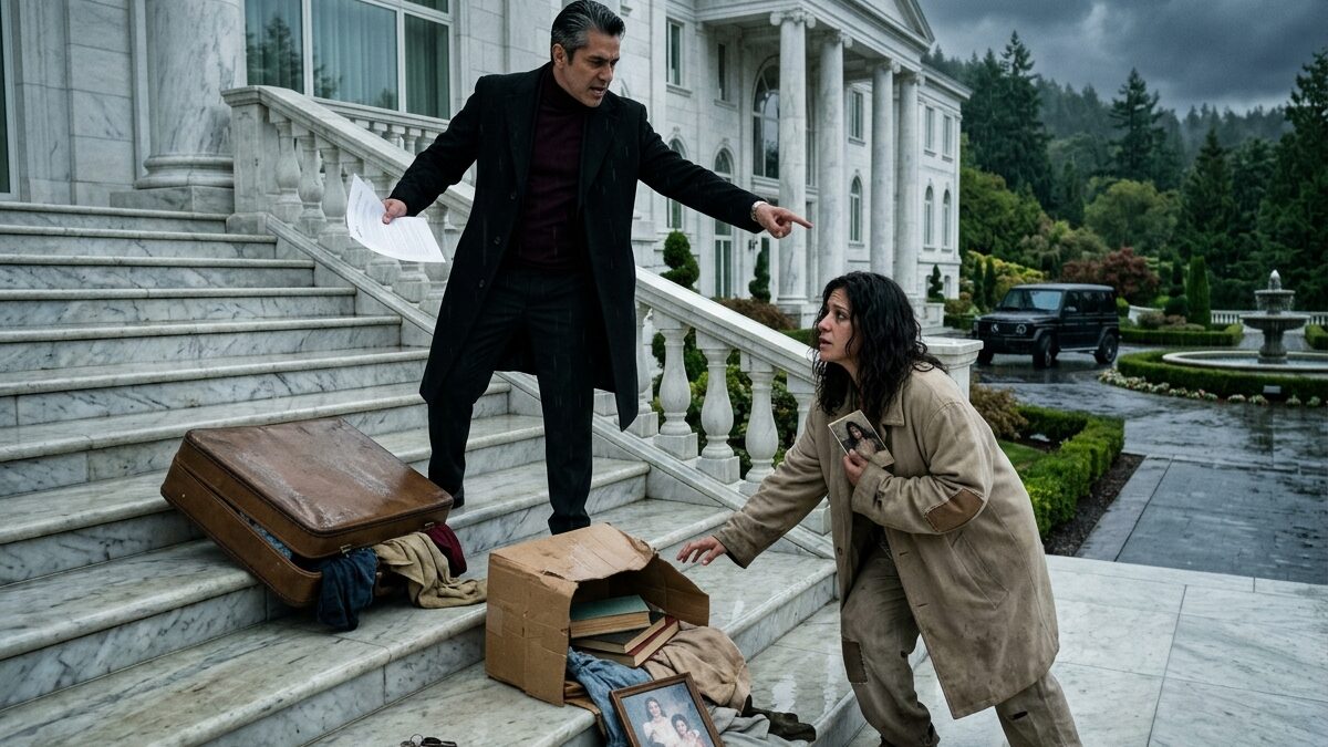 Inheritance betrayal story showing a wealthy brother forcing his poor sister out of a six million dollar mansion in the rain