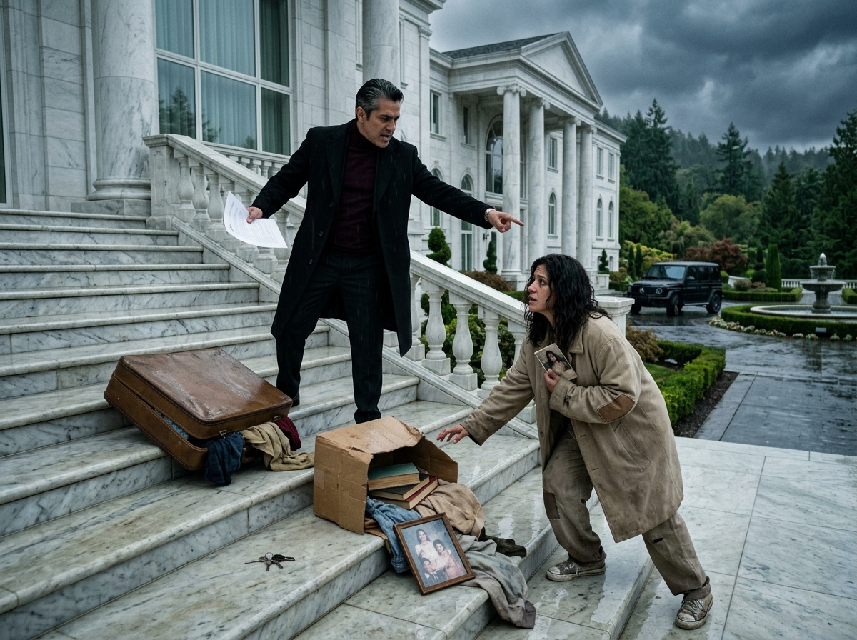 Inheritance betrayal story showing a wealthy brother forcing his poor sister out of a six million dollar mansion in the rain