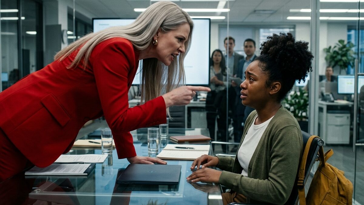 Intern bullied at work by a manager in a red blazer during an office presentation