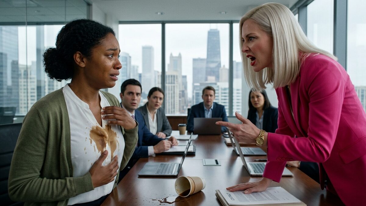 Boss falsely accused employee Rachel after spilling coffee on her during a $2 million contract meeting