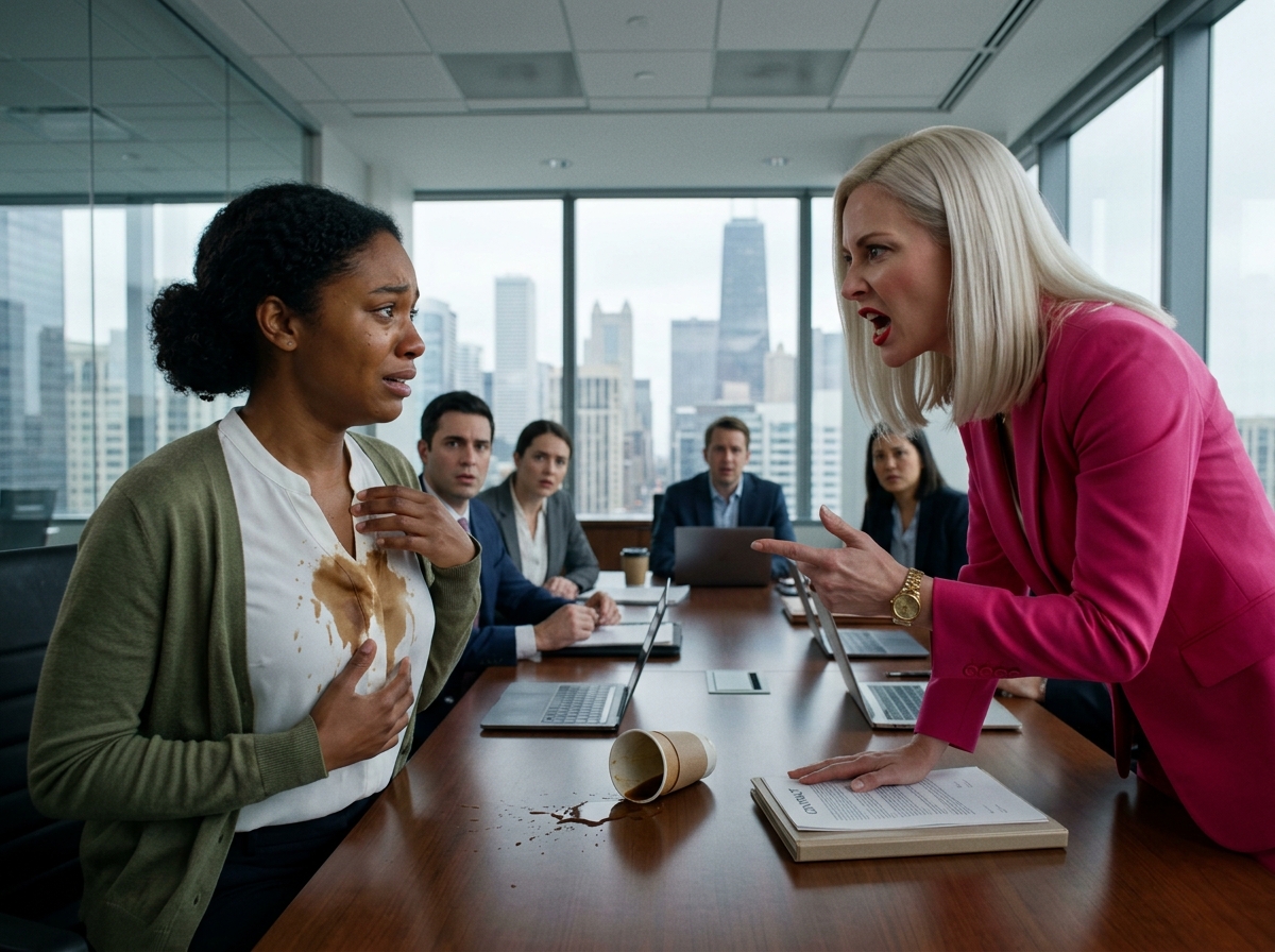 Boss falsely accused employee Rachel after spilling coffee on her during a $2 million contract meeting