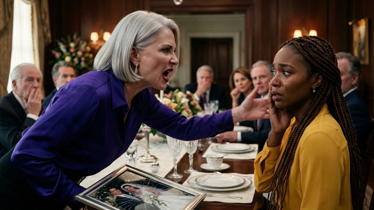 Toxic mother in law confronts Naomi beside a smashed wedding photograph during a luxurious family dinner