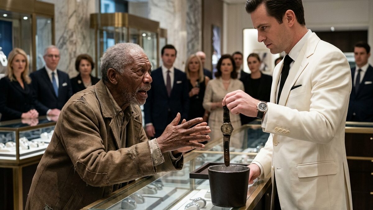 Poor man humiliated in luxury store as a salesperson holds his old watch above a wastebasket