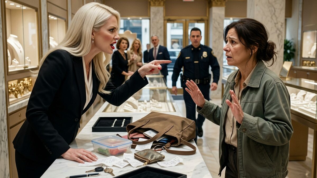 Poor man humiliated in luxury store as a salesperson holds his old watch above a wastebasket