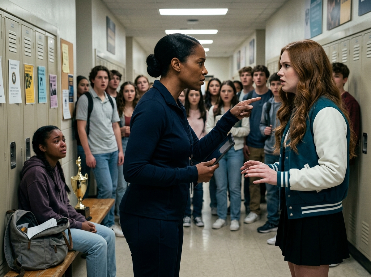 Student falsely accused of theft as a wealthy classmate points at a trophy in the school hallway