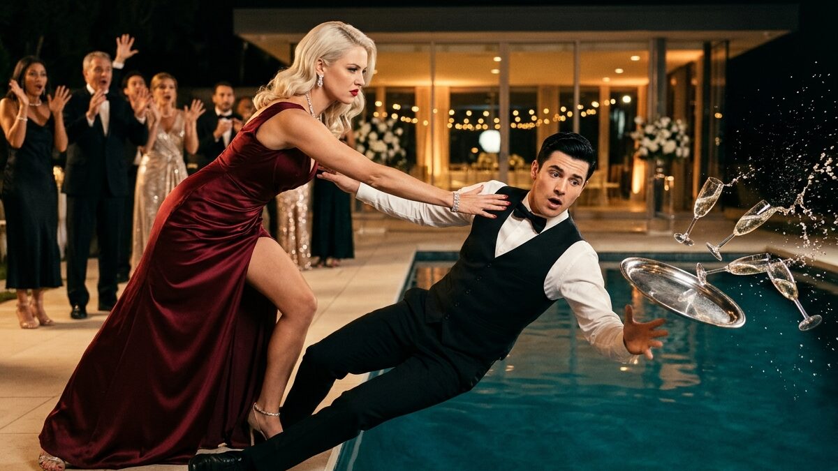 She Pushed a Handsome Waiter Into the Pool — Then the Bride Screamed, “That’s My Brother!”