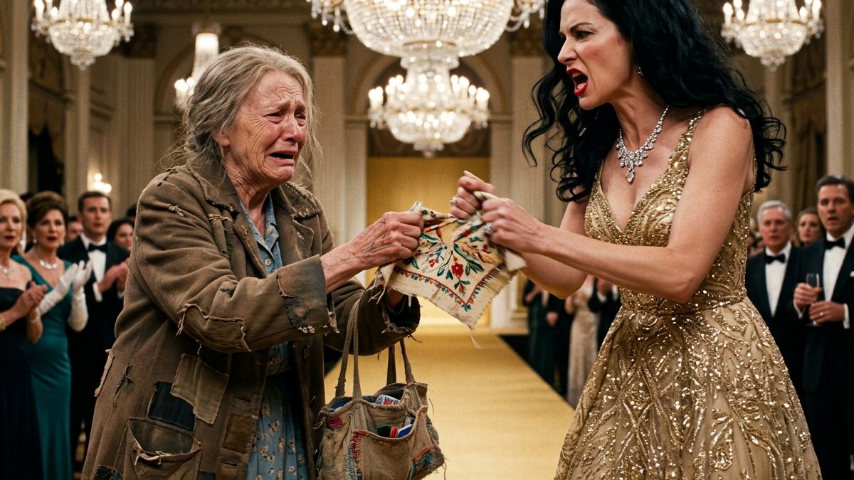 Poor seamstress humiliated by millionaire in a gold dress at a luxury fashion gala