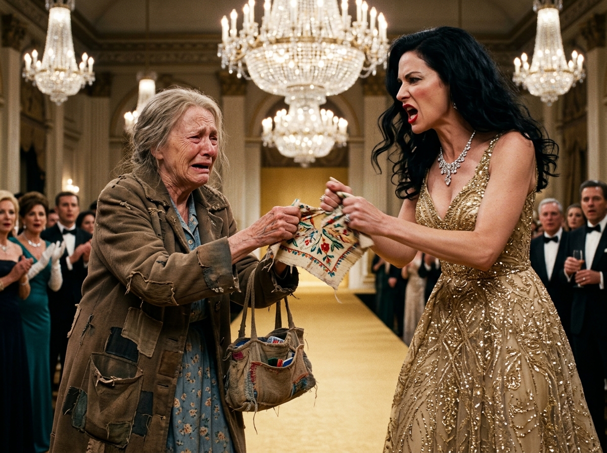 Poor seamstress humiliated by millionaire in a gold dress at a luxury fashion gala